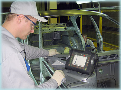 Измерение качества сварных швов готового кузова Volga Siber ультразвуковым дефектоскопом